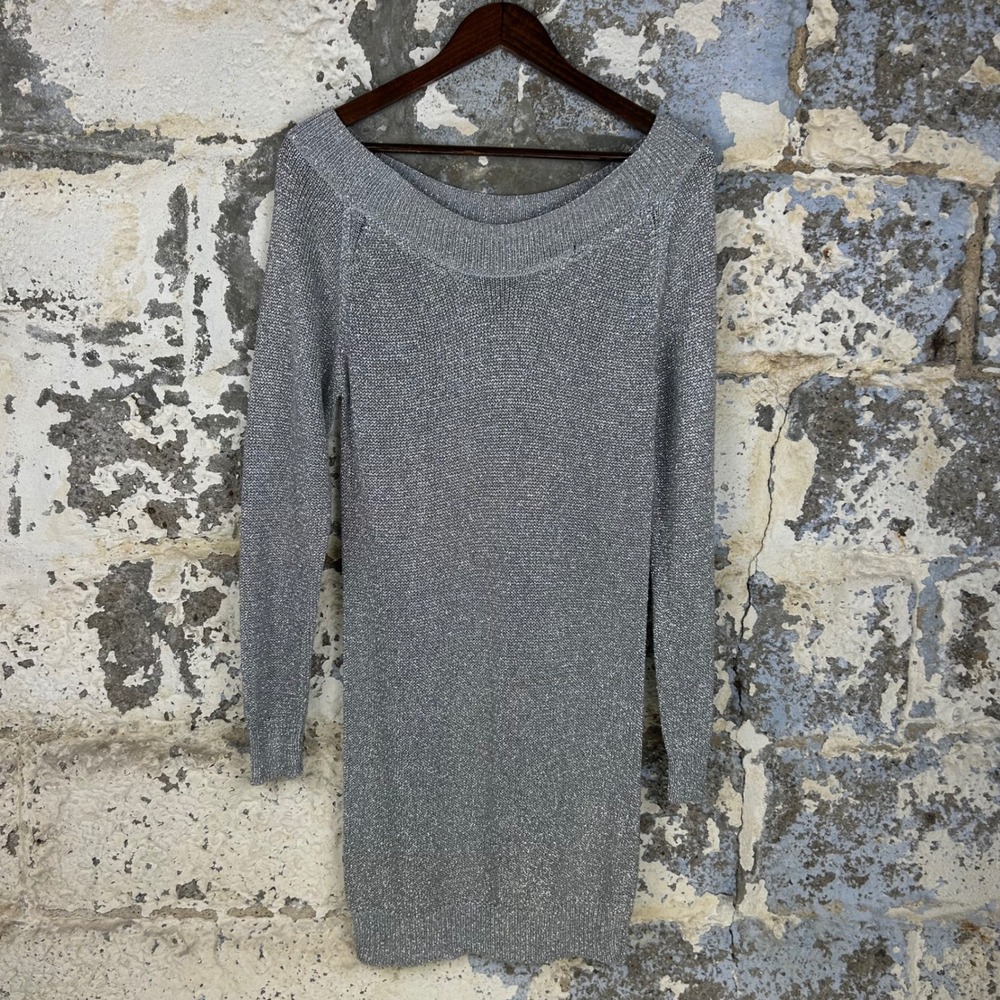 Vintage Adrienne Vittadini Sweater Dress Silver Metallic Off Shoulder Women S